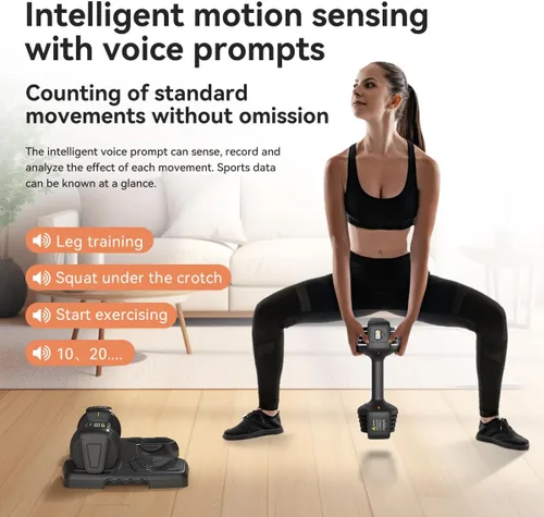 Vista 4 de Juego de mancuernas ajustables inteligentes, par con soporte, ajuste rápido, agarre seguro, mancuernas compactas de entrenamiento en casa