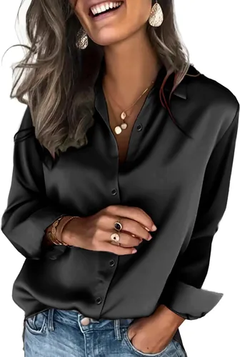 Vista 18 de Zeagoo Satin Blouses for Women Silk Button Down Shirts Long Sleeve Tops Aa-blanco