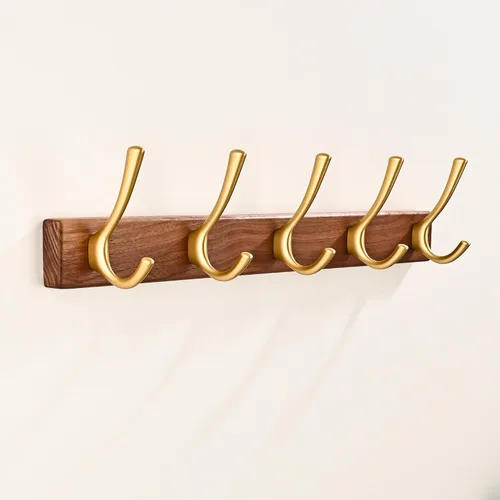 Vista 11 de Perchero de pared pequeño de madera de nogal de 17.3 pulgadas con 4 ganchos, colgador de chaquetas de madera resistente montado en puerta
