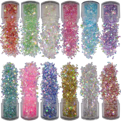 12 botellas de ópalo de sirena con purpurina gruesa iridiscente corazón estrella hexágono aurora uñas corporales purpurina resina epoxi accesorios