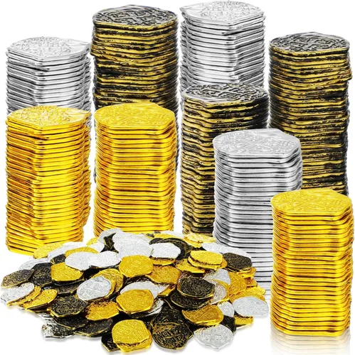Vista 10 de Hanaive 100 piezas de monedas piratas de plástico, monedas de juego falsas réplica de doblones españoles para cofre del tesoro de fiesta pirata