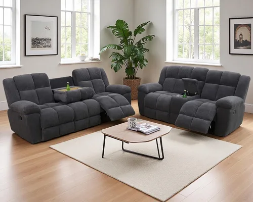 Vista 36 de Juego de sofá reclinable de pana, sofá reclinable manual con portavasos/mesa auxiliar, cómodos sofás reclinables de tela, juegos de muebles de sala