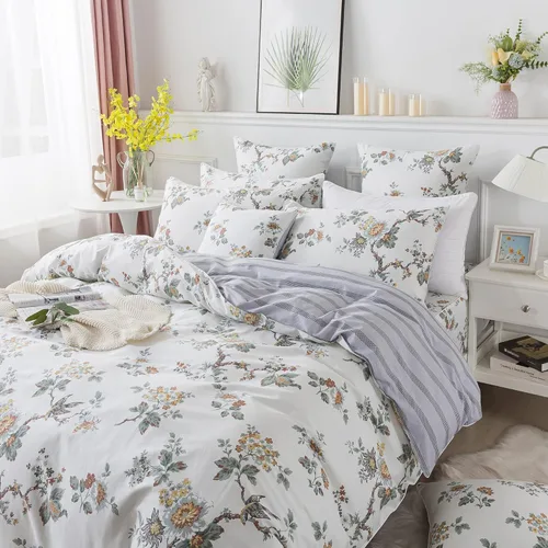 Vista 2 de FADFAY Juego de funda de edredón Twin, elegante ropa de cama floral shabby beige con estampado de pájaros y flores, juego de funda de edredón