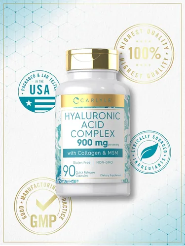 Vista 5 de Carlyle Complejo de ácido hialurónico 900 mg con colágeno y MSM 90 cápsulas Suplemento sin OMG, sin gluten