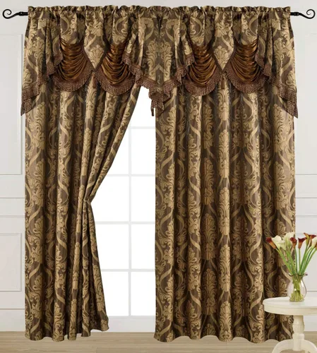Vista 10 de V Panel de cortina jacquard de lujo con cenefa de cascada adjunta, 54 x 84 pulgadas, color beige Ashley