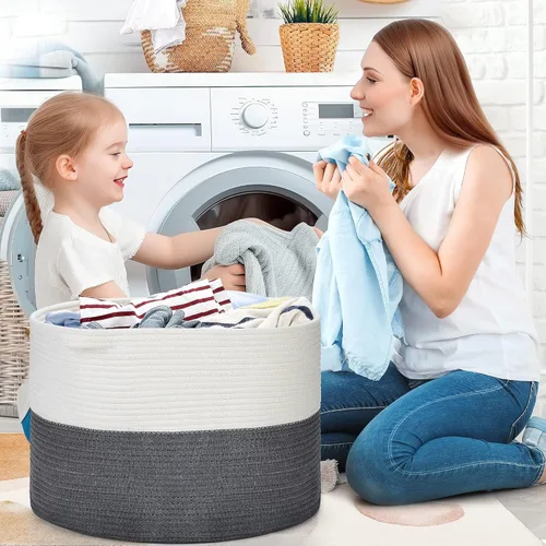 Vista 3 de Ravinte Cesta para manta, cesta de cuerda de algodón de 20 x 20 x 13 pulgadas para sala de estar, canasta de almacenamiento de juguetes para bebé