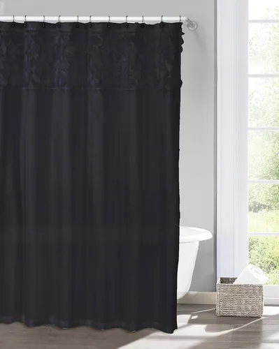 Cortinas de ducha de tela para baño (seda sintética negra con círculos cortados con láser)