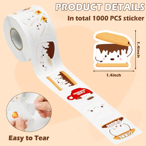 Vista 2 de A1diee 1000 calcomanías de malvavisco en 2 rollos con 16 patrones, lindos malvaviscos, calcomanías autoadhesivas motivacionales para maestros