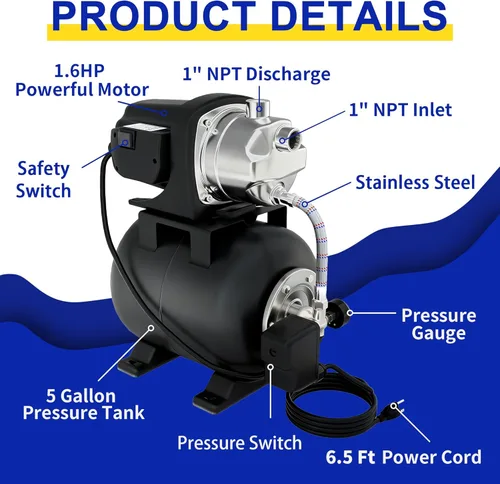 Vista 4 de LANCHEZ Bomba de pozo poco profundo, bomba de riego de jardín de acero inoxidable, bomba de transferencia de agua de 115 V, bomba de chorro