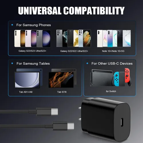Vista 6 de Essri Cargador tipo C de carga rápida para Samsung Galaxy S25 S24 S23 S22 Note 20, paquete de 4 bloques de carga rápida súper USB C de 25 W con 2