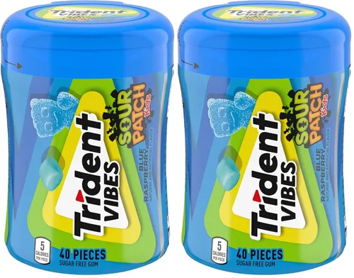 Vista 18 de Trident Vibes SOUR PATCH KIDS - Goma de mascar sin azúcar de frambuesa azul, botella de 40 piezas