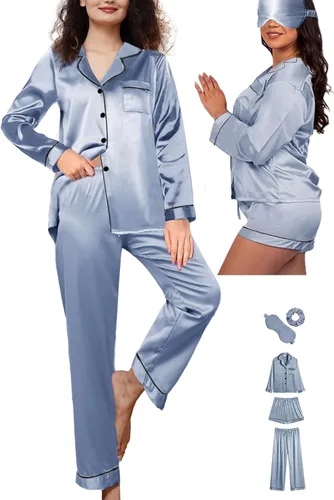 Vista 4 de Conjunto de pijama largo de satén de seda para mujer, 5 piezas, tallas XS a XXL, con botones, ropa de dormir