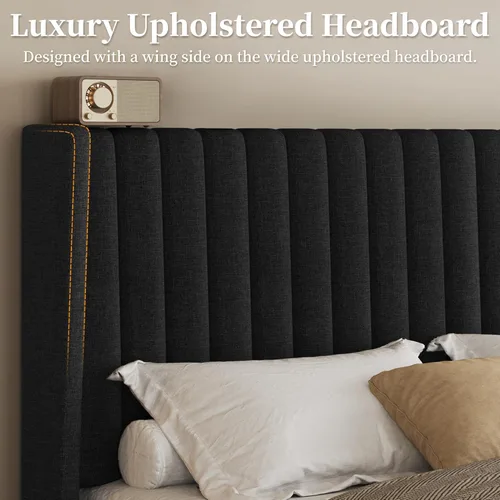 Vista 9 de Yaheetech - Base de cama tamaño queen con plataforma tapizada y cabecera de tela, diseño de borde ala, antideslizante y silenciosa, soporte de Negro