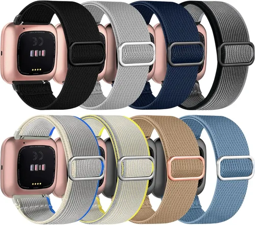 Paquete de 8 bandas elásticas compatibles con Fitbit Versa 2/Lite/SE para mujeres y hombres, correa trenzada de nailon elástico ajustable Solo Loop