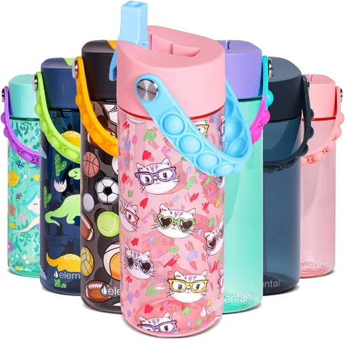 Vista 221 de Elemental Botellas de agua para niños – Botella de agua para niños Splash para la escuela con mango Pop-it – Botella de agua de plástico Tritan sin