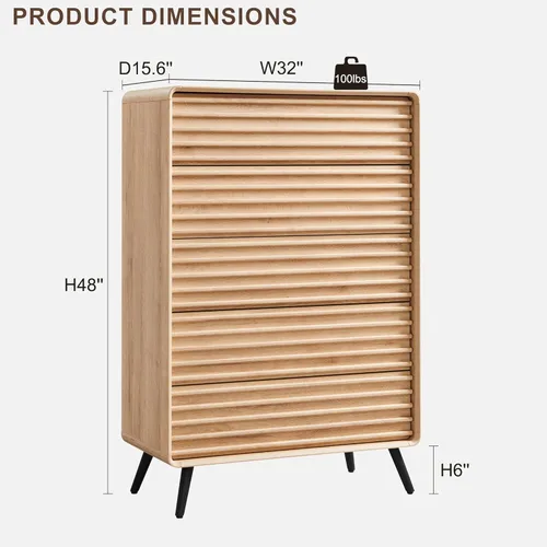 Vista 2 de RedLemon Cómoda de 5 cajones para dormitorio, cómoda de 48'' de altura estilo mediados de siglo con madera estriada, cómoda con cajones con pata