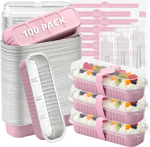 Vista 9 de Ruckae Paquete de 100 Mini Moldes para Pan Mini Moldes para Hornear Pan con Tapas y Cucharas, Moldes de Papel de Aluminio Desechables, Moldes