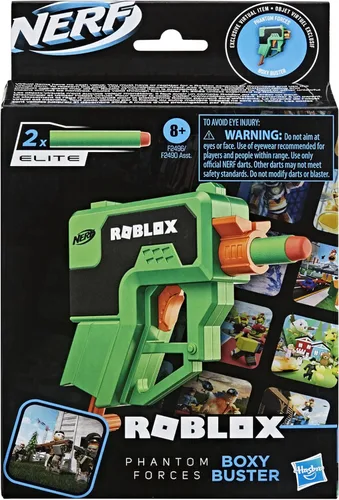 Vista 6 de Nerf Roblox Phantom Forces: Boxy Buster Dart Blaster, mango de cebado extraíble, 2 dardos de élite, código para desbloquear el objeto virtual