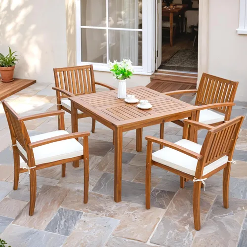 Juego de comedor de exterior de 5 piezas de Flamaker, mesa y sillas de madera de acacia para patio con cojines suaves, muebles de patio para