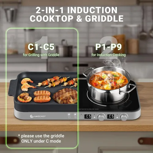 Vista 5 de AMZCHEF Placa de cocción de doble inducción con plancha extraíble antiadherente, 1800 W, 2 zonas de cocción, estufa de inducción portátil con sensor