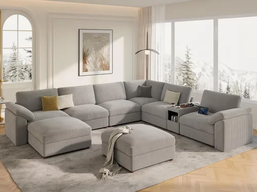 Vista 40 de EASE MOOSE Sofá modular verde seccional de gran tamaño en forma de L Pana verde