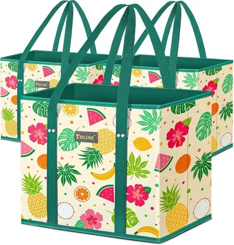 Vista 26 de BALEINE Paquete de 3 bolsas de comestibles reutilizables, bolsas de compras plegables para comestibles con parte inferior reforzada y asas (trébol)