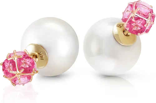 Galaxy Gold GG Pendientes tribales de oro macizo de 14 quilates con perlas de doble concha y topacio rosa, Metal Gema, topacio rosa