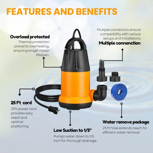 Vista 5 de Limodot Bomba de agua sumergible con kit de manguera de 25 pies, bomba de sumidero, bomba de utilidad con cable de alimentación de 25 pies, 4000