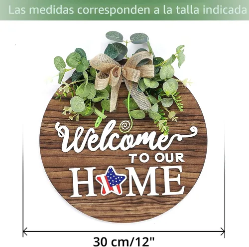 Vista 3 de Letrero de bienvenida de temporada intercambiable, decoración de puerta delantera, coronas de madera redondas rústicas para colgar en la pared, al