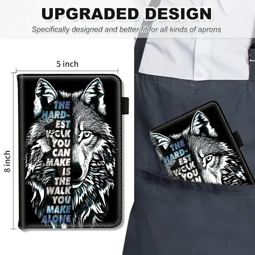 Vista 3 de RYUITHDJP Libro de mesera para camarera, libros de camarera con bolsillo con cremallera, diseño de lobo, organizador de libros para servir