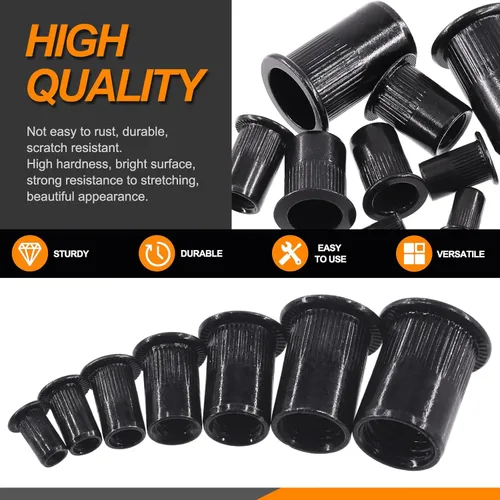 Vista 4 de 100 tuercas de remache M5 de acero al carbono negro chapado en zinc tuercas de remache moleteadas cabeza plana remaches roscados tuercas de inserción