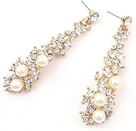 Vista 2 de Aretes largos con diamantes de imitación para mujer, aretes largos de corazón para mujer, aretes dorados para mujer, aretes de oro rosa