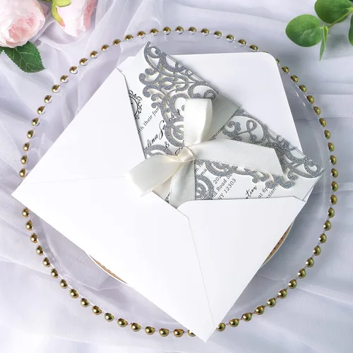 Vista 34 de ponatia 25 tarjetas de invitaciones de boda de 5.12 x 7.1 pulgadas con purpurina plateada cortadas con láser con sobres para tarjetas de invitación