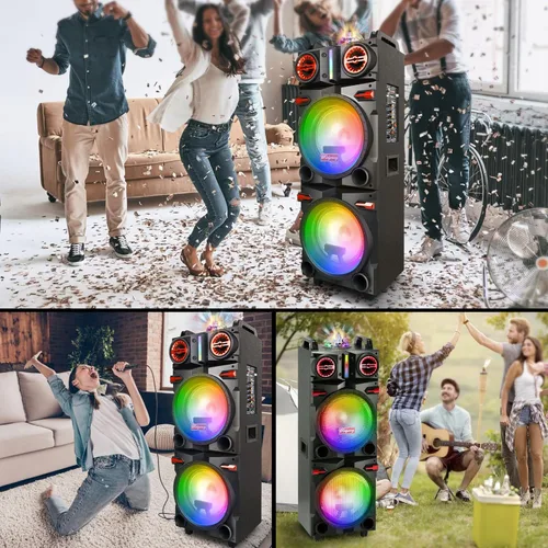 Vista 7 de Altavoz Bluetooth inalámbrico portátil para fiestas con subwoofer dual de 10 pulgadas, sistema PA recargable de 80 W con graves/agudos, micrófono