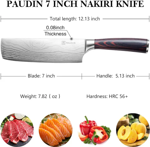 Vista 2 de PAUDIN Nakiri Knife - 7" Razor Sharp Meat Cleaver and Vegetable Kitchen Knife, High Carbon Stainless Steel, Multipurpose Asian Chef Knife for Home
