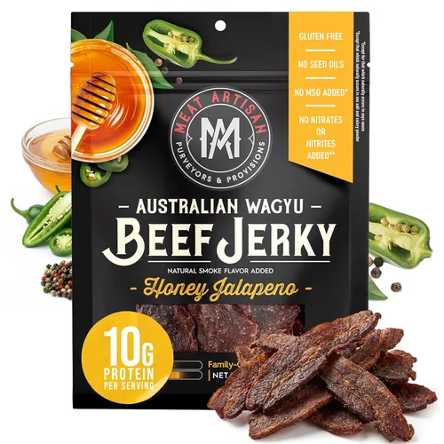 Meat Artisan Jerky de res - Wagyu australiano con miel y jalapeño - Refrigerio alto en proteínas - Sin gluten, sin glutamato de sodio (MSG) -