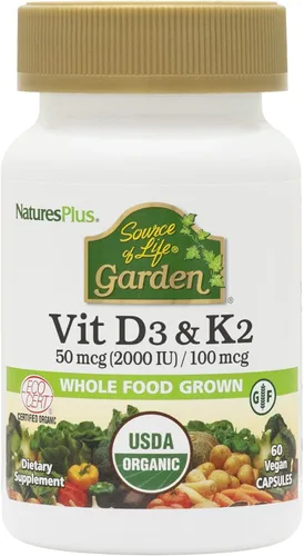 NaturesPlus Source of Life Garden Vitamina D3 y K2 - 60 cápsulas - Sistema inmunológico y apoyo óseo - Certificado orgánico USDA, vegano, sin gluten