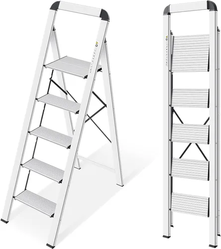 Vista 10 de KINGRACK Escalera de escalón, 2 escalones, escalera plegable con pasamanos, escalera antideslizante de seguridad plegable para el hogar, taburete