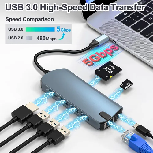 Vista 5 de Adaptador Ethernet de concentrador USB C 8 en 1 con HDMI 4K a 60Hz, carga PD de 100 W, 3 puertos USB 3.0, RJ45 de 1 Gbps, lector de tarjetas SD/TF