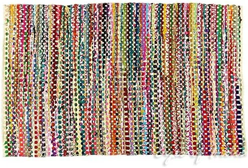 Vista 4 de Eyes of India - Alfombra tejida colorida de Chindi de 8 x 10 pies, alfombra trenzada multicolor blanca, alfombra bohemia hecha a mano tejida a mano