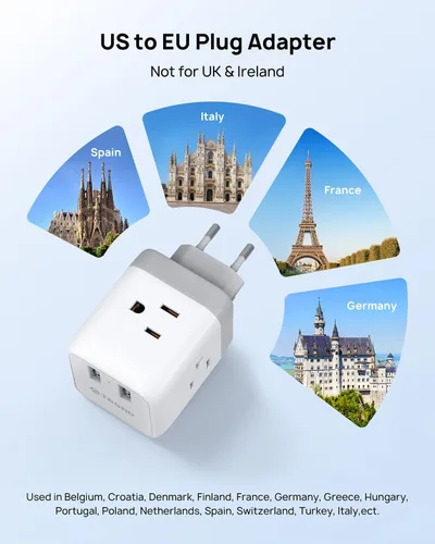 Vista 3 de TROND Adaptador de enchufe de viaje europeo - Convertidor de adaptador de corriente internacional para Europa con 3 tomacorrientes 2 USB, adaptador