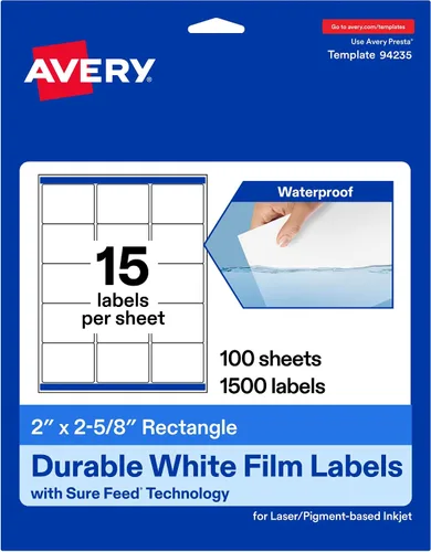 Avery Etiquetas rectangulares blancas duraderas imprimibles, tecnología Sure Feed, 2 "x 2-5/8", etiquetas impermeables, compatibles con inyección