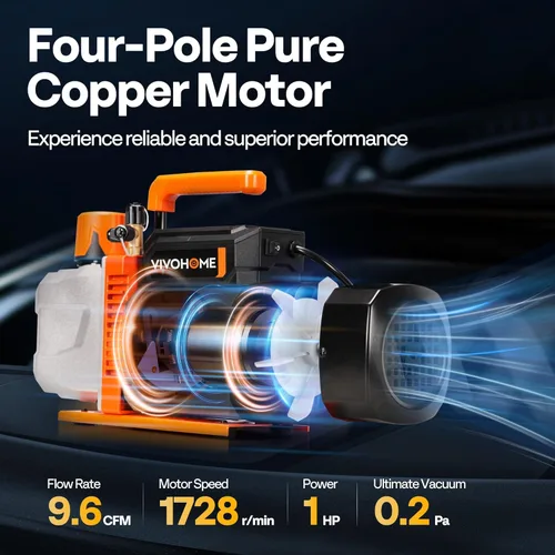 Vista 2 de VIVOHOME Serie VG - Juego de bomba de vacío y medidor de CA, 1 HP 9.6CFM Bomba de vacío HVAC de 2 etapas y kit de manómetro múltiple de 4 vías