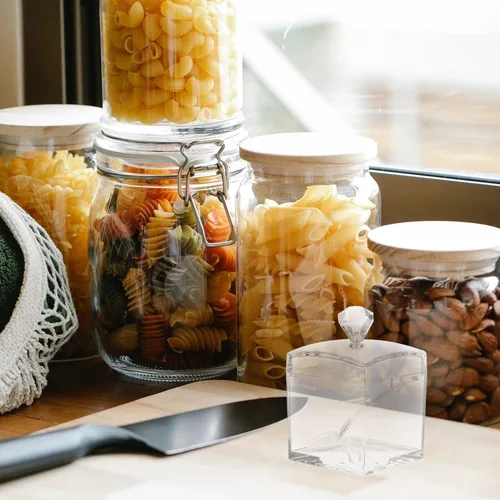 Vista 7 de Hemoton Tarros de cruet - Azucarero cuadrado con tapa y cuchara transparente para dulces, caja de condimentos transparente, olla de sal