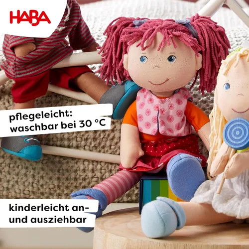 Vista 3 de HABA Lilli-Lou Muñeca Blanda de 12 Pulgadas con Cabello Rosa en Colas de Rabo, Ojos Azules y Cara Bordada, Muñeca para Bebé Lavable a Máquina