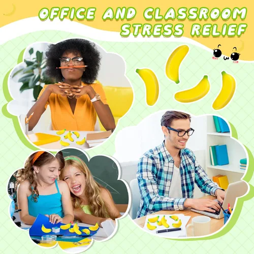 Vista 5 de Jerify 37 piezas de mini plátano juguetes para aliviar el estrés con bolsa de malla con cordón de poliuretano, juguete elástico para recuerdos