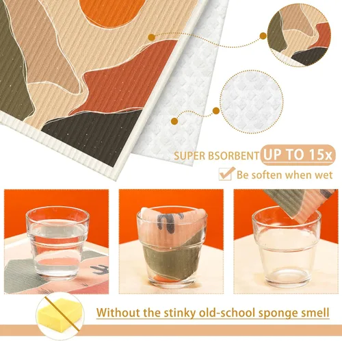 Vista 3 de 6 piezas de paños de cocina suecos reutilizables, toallas de cocina, paños de limpieza de esponja, paños absorbentes de secado rápido, paños