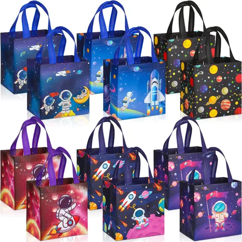 Kigeli 18 bolsas de regalos espaciales de 6 estilos, recuerdos de fiesta espacial, bolsas grandes de regalo no tejidas con asas, bolsa de dulces de
