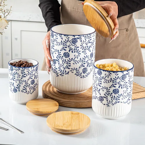 Vista 2 de Juego de recipientes para cocina - Recipientes de cerámica para encimera con tapas herméticas de madera - Recipientes para harina y azúcar