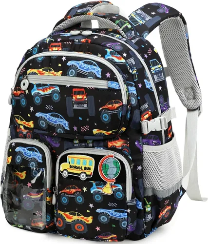 CAMTOP Mochila infantil para niños y niñas, resistente al agua, con bolsillo aislado para el almuerzo, Azul, Moster Tronco Coche